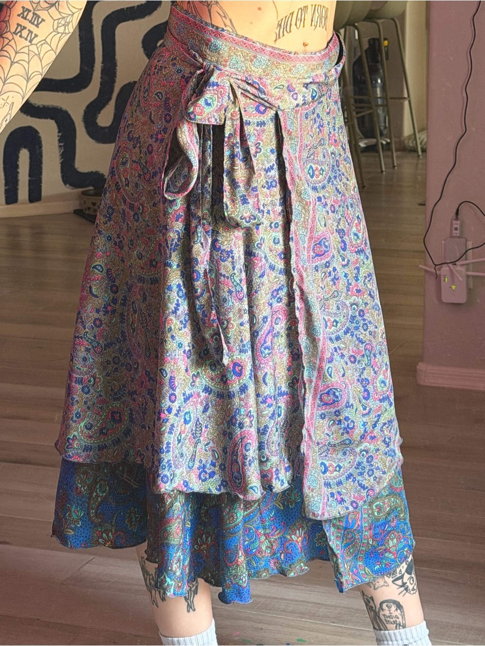 Bohemian Paisley Wrap Midi Skirt - Multi Pink/Blue